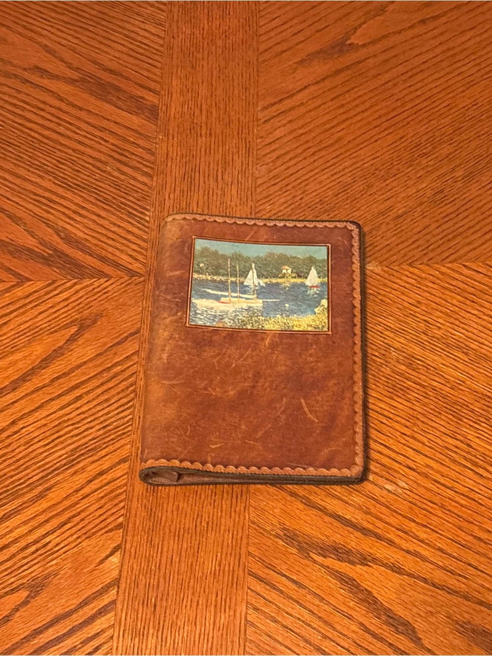 Vintage Handcrafted Leather 3-Ring Binder Journal Note Pad with Sailboat Art